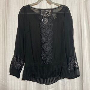 Whimsigoth Cache Black 100% Silk Lace Trim Peplum Blouse Sheer Long Sleeve Top S